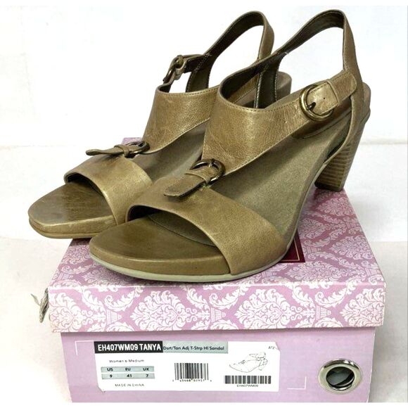 Aetrex "GIA" Desert Tan Leather Tanya T-strap Sandal Heel- Women's Size 9- New - Picture 1 of 11